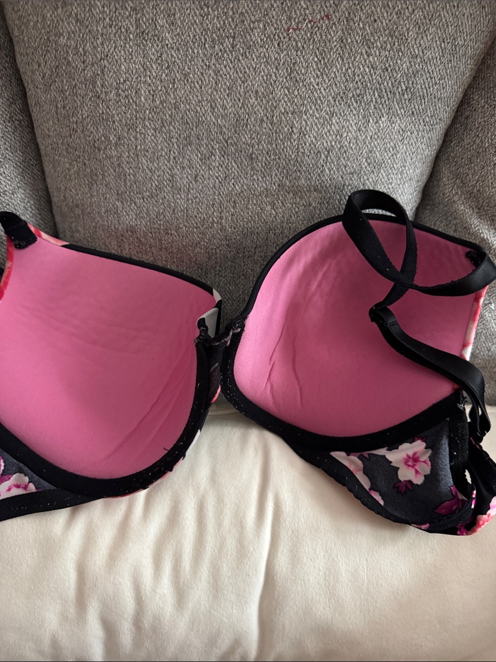 PINK Victoria's Secret Black Floral Underwire Bra with Pink Cups